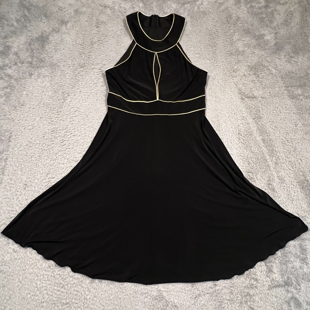 Joseph‎ Ribkoff Fit Flare Dress Sleeveless Black Gold Trim Halter Neck Women's 6